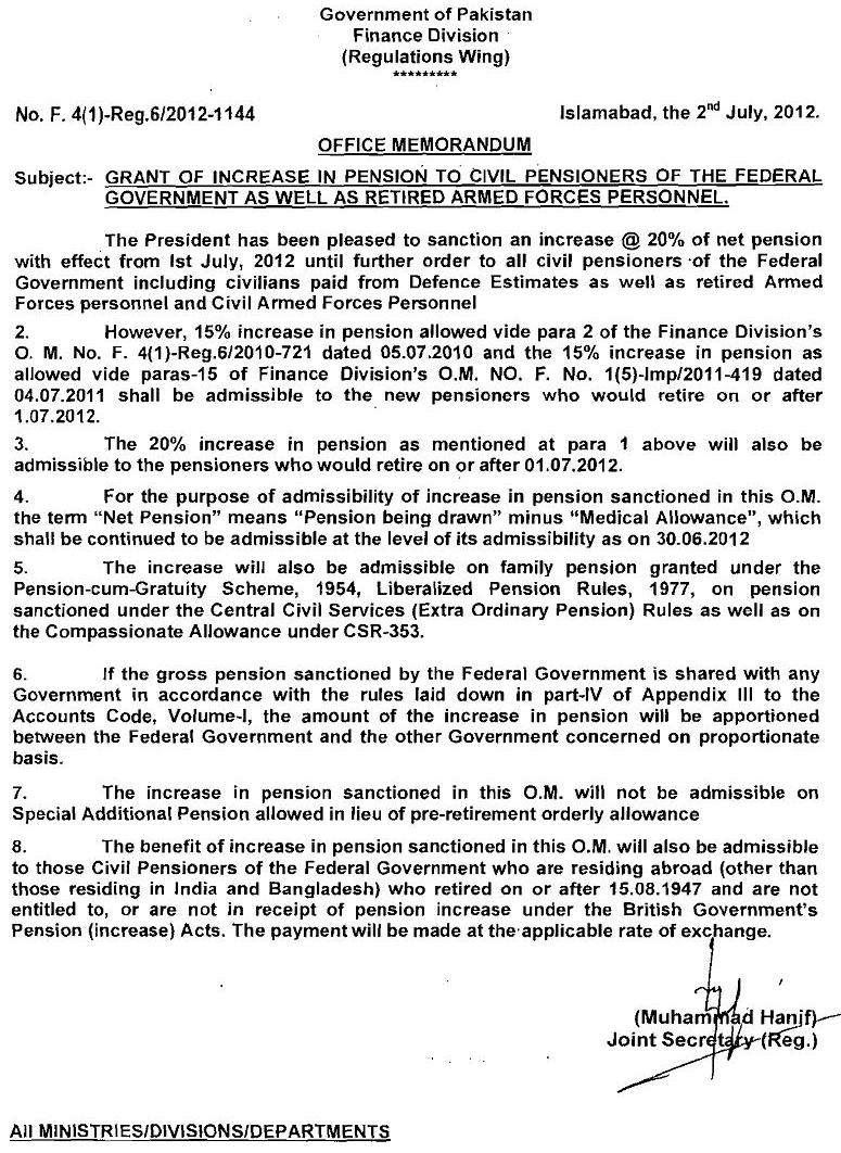 Notification Pension Increase 2012 of Pensioners (Civil & Army) Notification Pension Increase 2012 of Pensioners (Civil & Army)